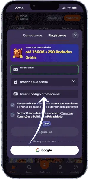 Coolzino Inserir o código promocional