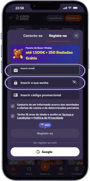 Coolzino Preencher e-mail e palavra-passe